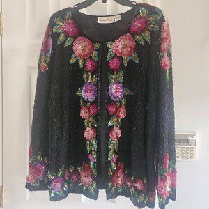 Laurence Kazar Vintage Silk All-Over Sequin Embellished Women Evening Jacket 1X